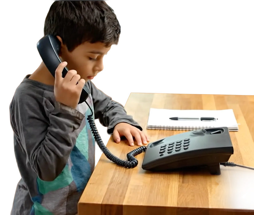 A child using a Kite Phone landline in a West London home, concentrating while dialling a friend