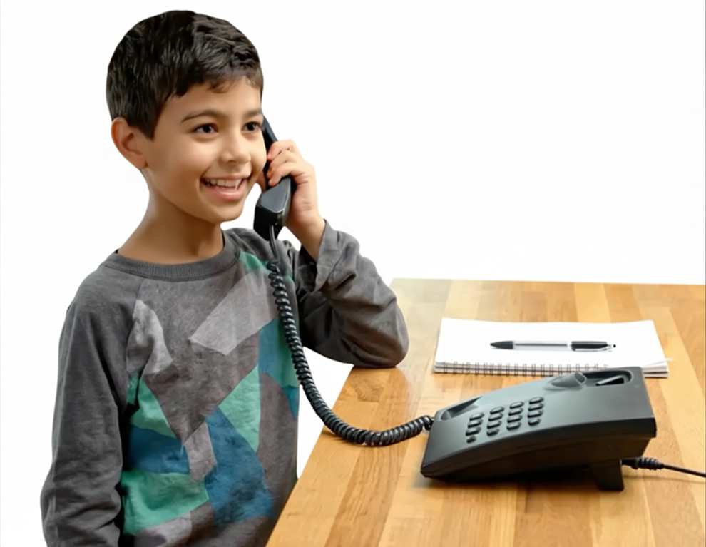 A child smiling while talking on a Kite Phone landline in a West London home