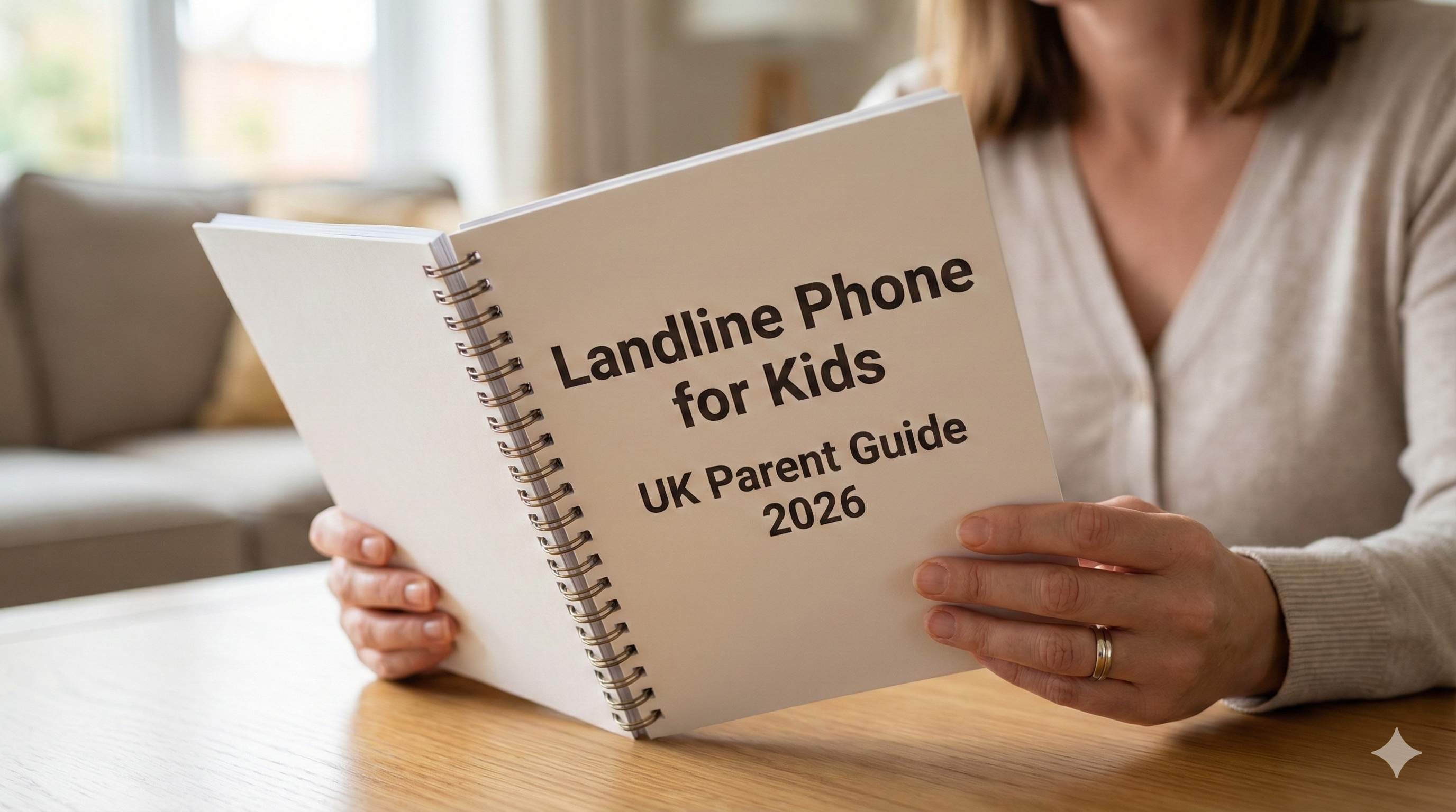 A mother reading a spiral-bound booklet titled Landline Phone for Kids UK Parent Guide 2026 at a wooden table in a warmly lit living room