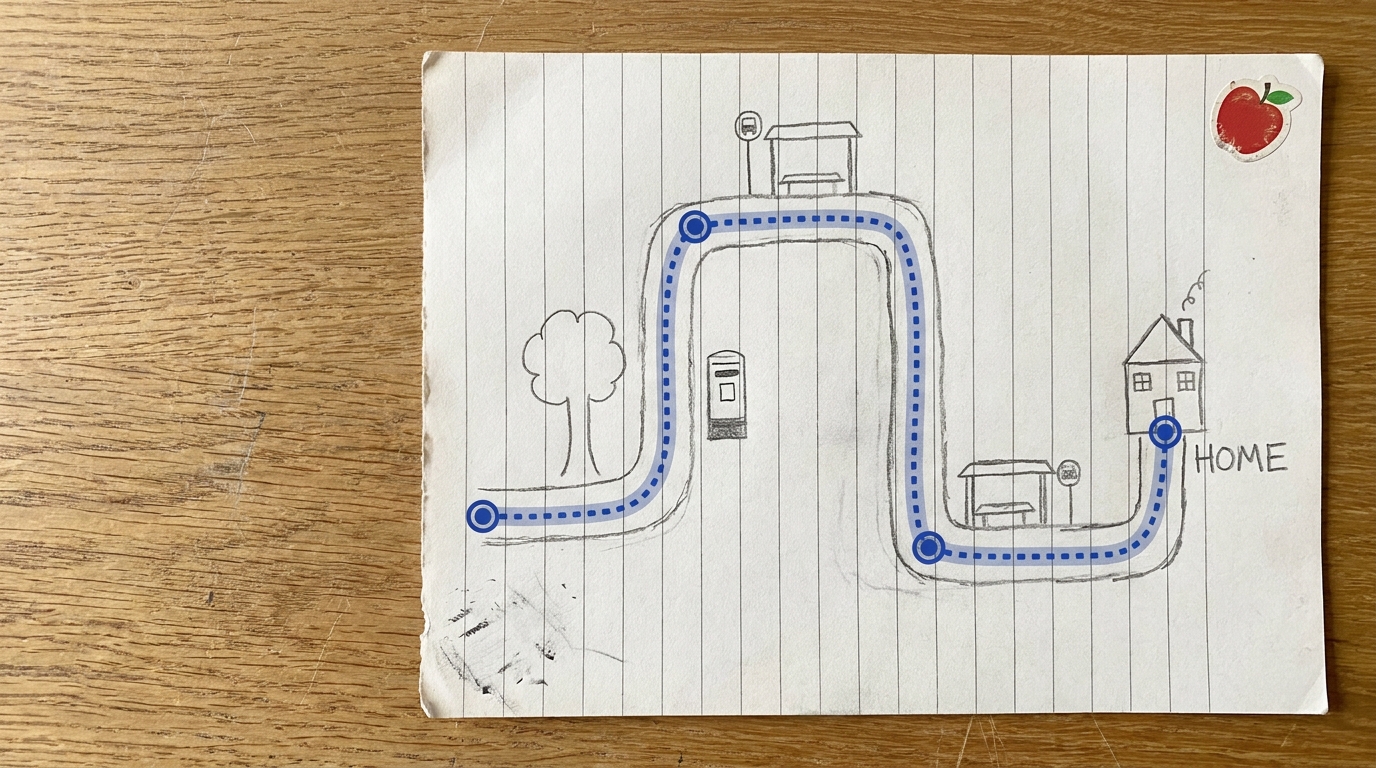 Hand-drawn pencil map on lined paper showing a GPS tracking route from a tree past a bus stop to home
