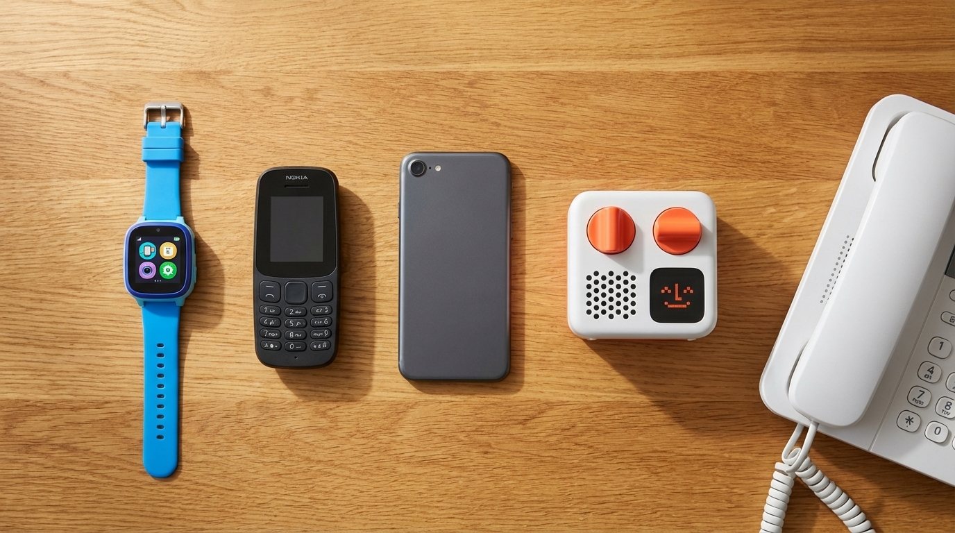 Comparison of phone alternatives for UK children including GPS watches, basic phones, and VoIP desk phones