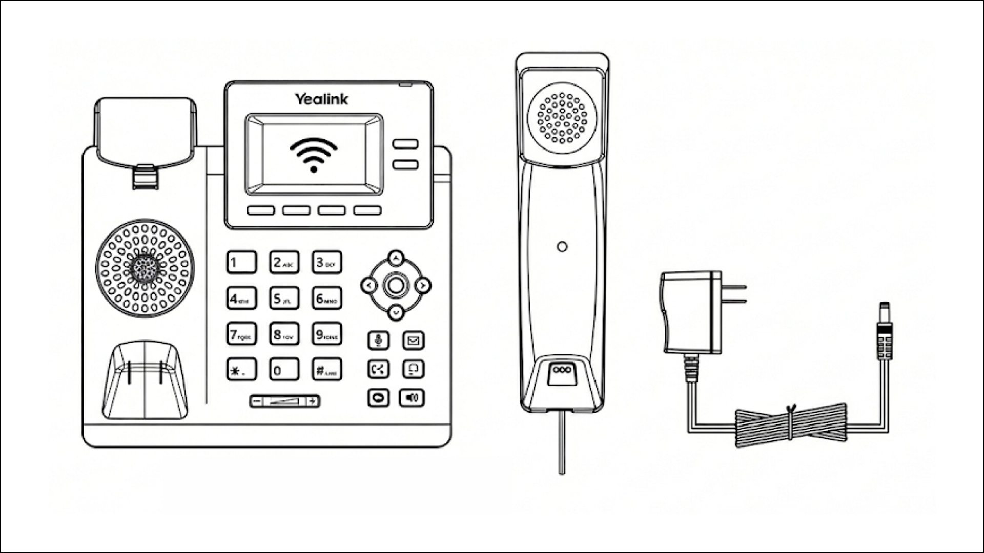 Diagram of a Yealink VoIP kids landline phone setup showing base unit, handset, and power connections