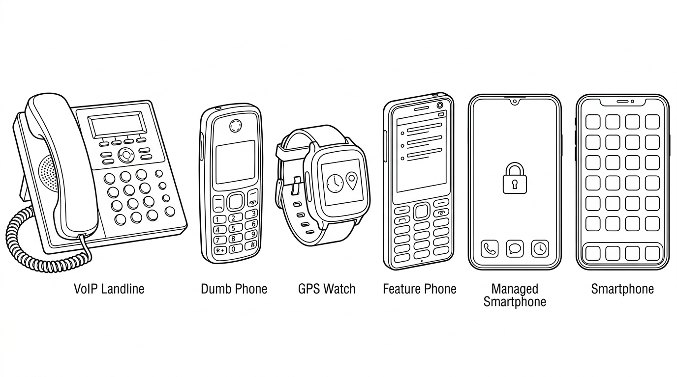 Six device categories for children: VoIP Landline, Dumb Phone, GPS Watch, Feature Phone, Managed Smartphone, and Smartphone - showing the spectrum from least to most connected