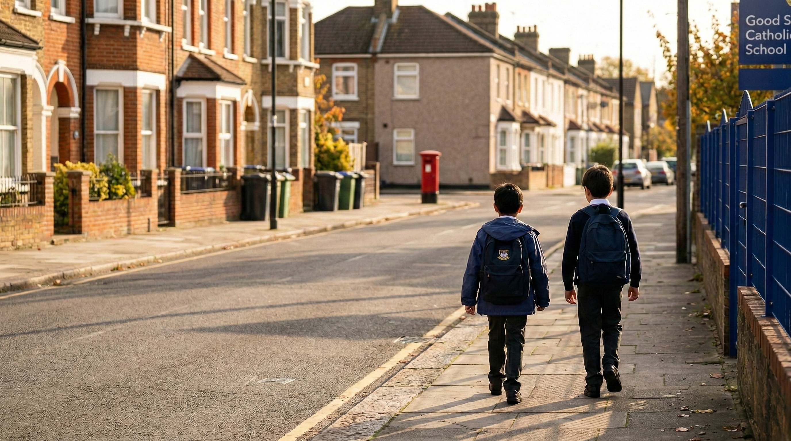 Two school children in uniforms walking down a residential UK street with backpacks, without smartphones