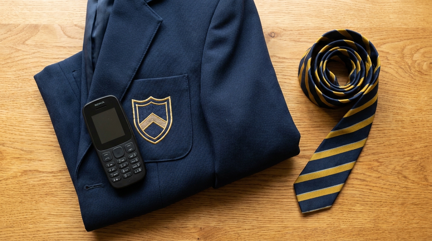 School blazer with a basic Nokia dumb phone and striped tie - representing the Year 7 phone decision
