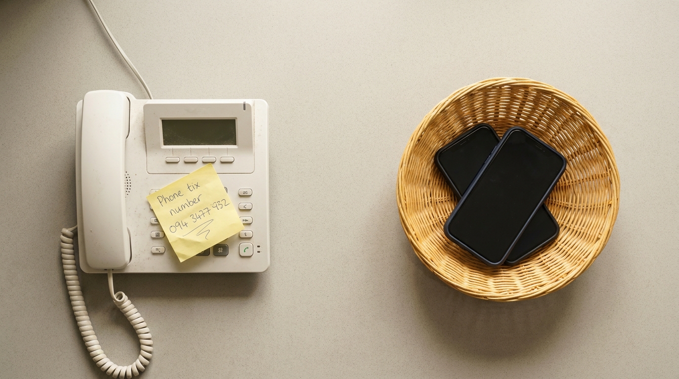 VoIP landline phone next to smartphones in a basket on a hallway table