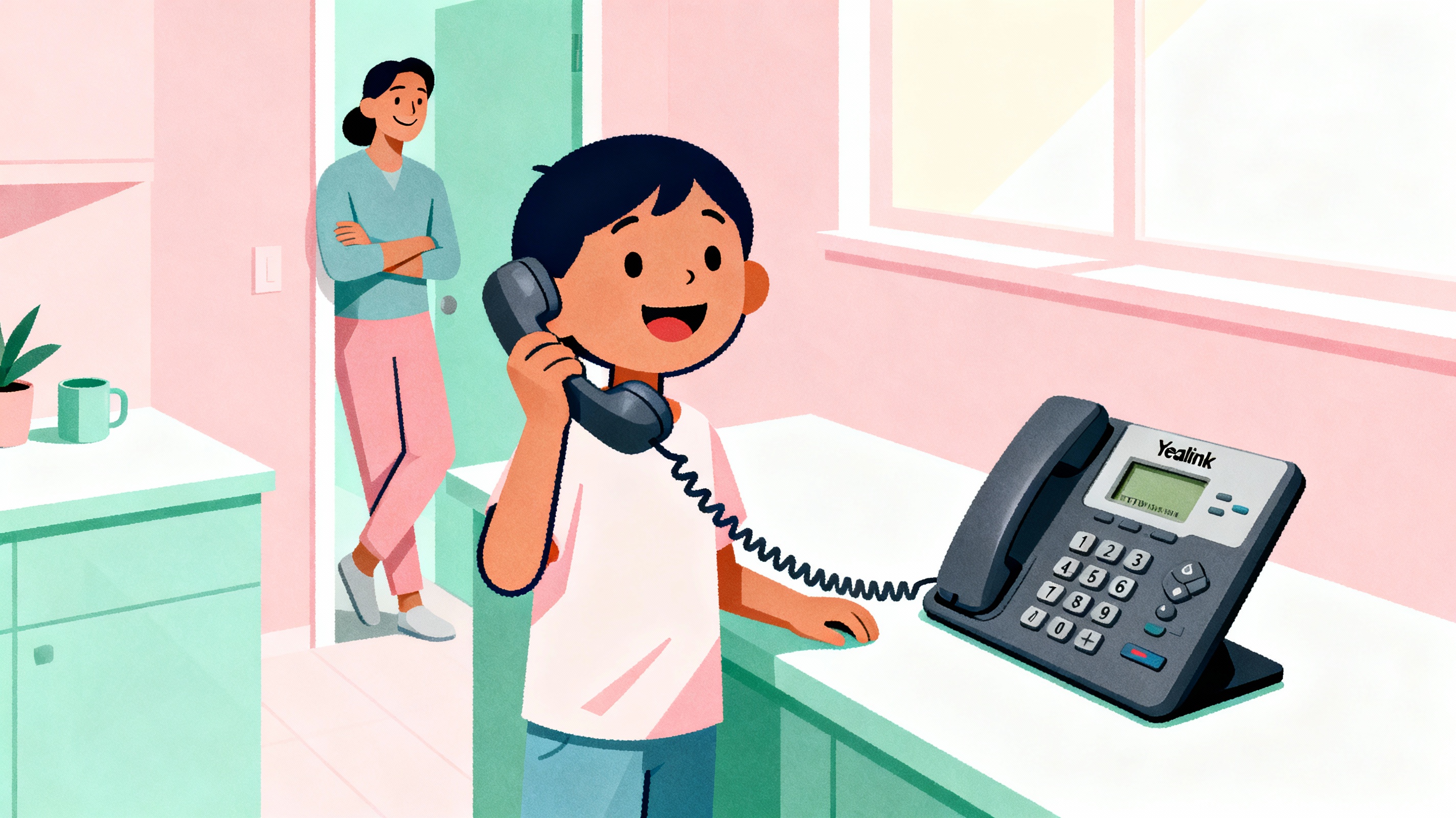 Happy child talking on a landline phone while parent watches approvingly from doorway